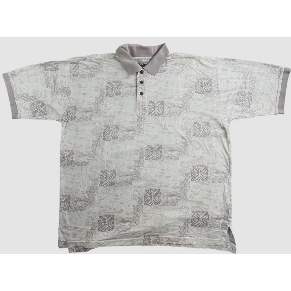 AFTCO Bluewater Polo Shirt Mens Large Beige Fish Print Short Sleeve 100% Cotton